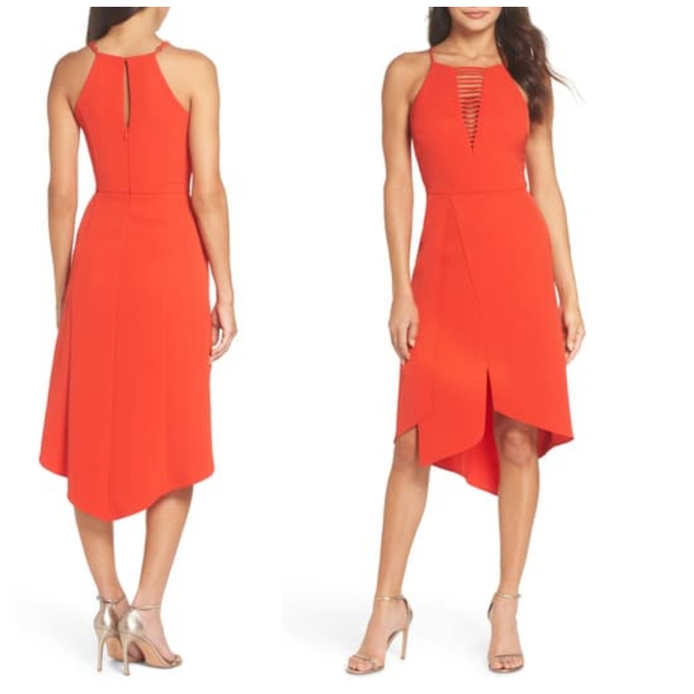 HARLYN UNEVEN HEM HALTER NECK COCKTAIL SHEATH